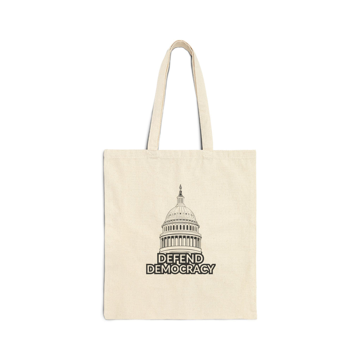 Defend Democracy canvas tote bag in natural 12oz cotton canvas, Capitol dome graphic