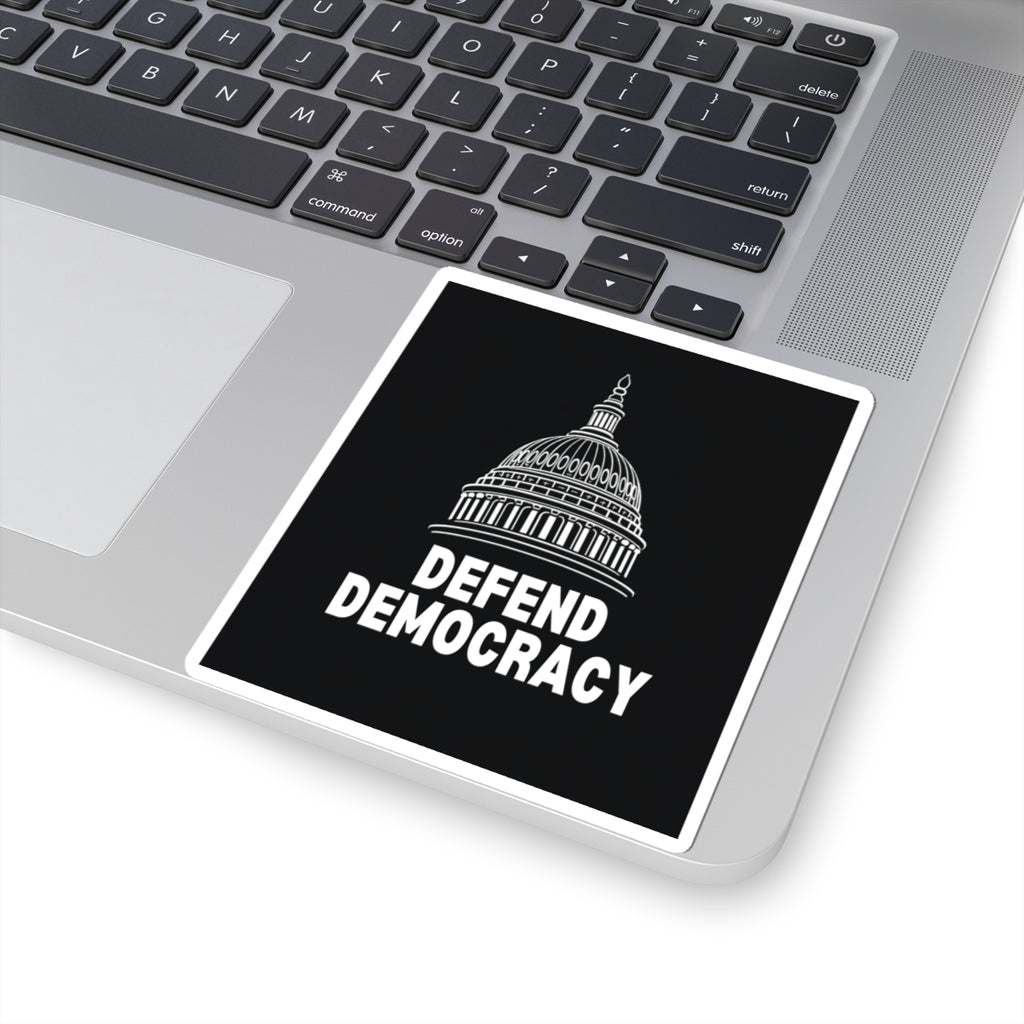 Defend Democracy vinyl kiss-cut sticker in white vinyl, four sizes, Capitol dome graphic