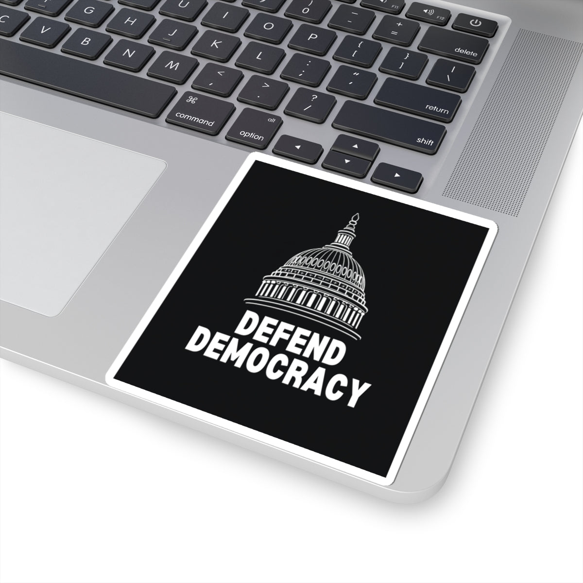 Defend Democracy vinyl kiss-cut sticker in white vinyl, four sizes, Capitol dome graphic