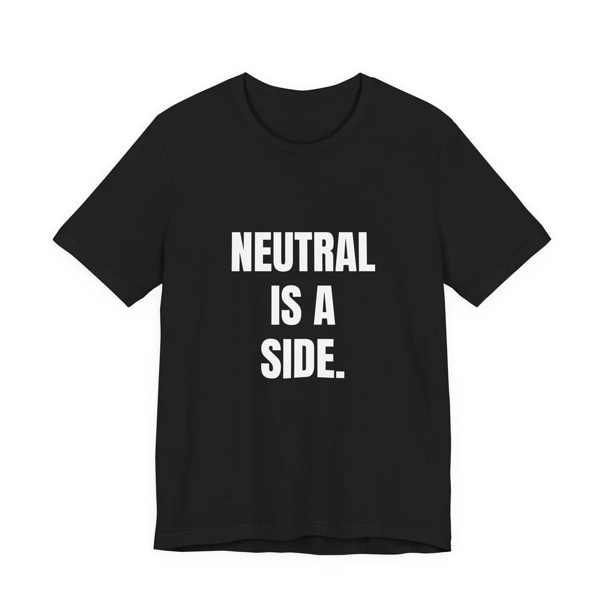 Neutral Is a Side t-shirt in black, navy and dark grey heather, white block lettering