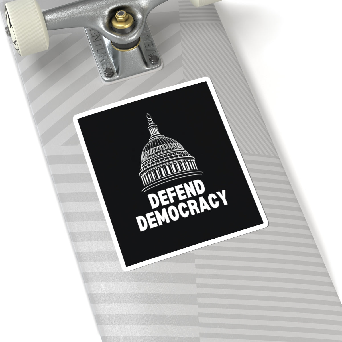 Vinyl kiss-cut sticker reading “Defend Democracy” in Capitol dome graphic