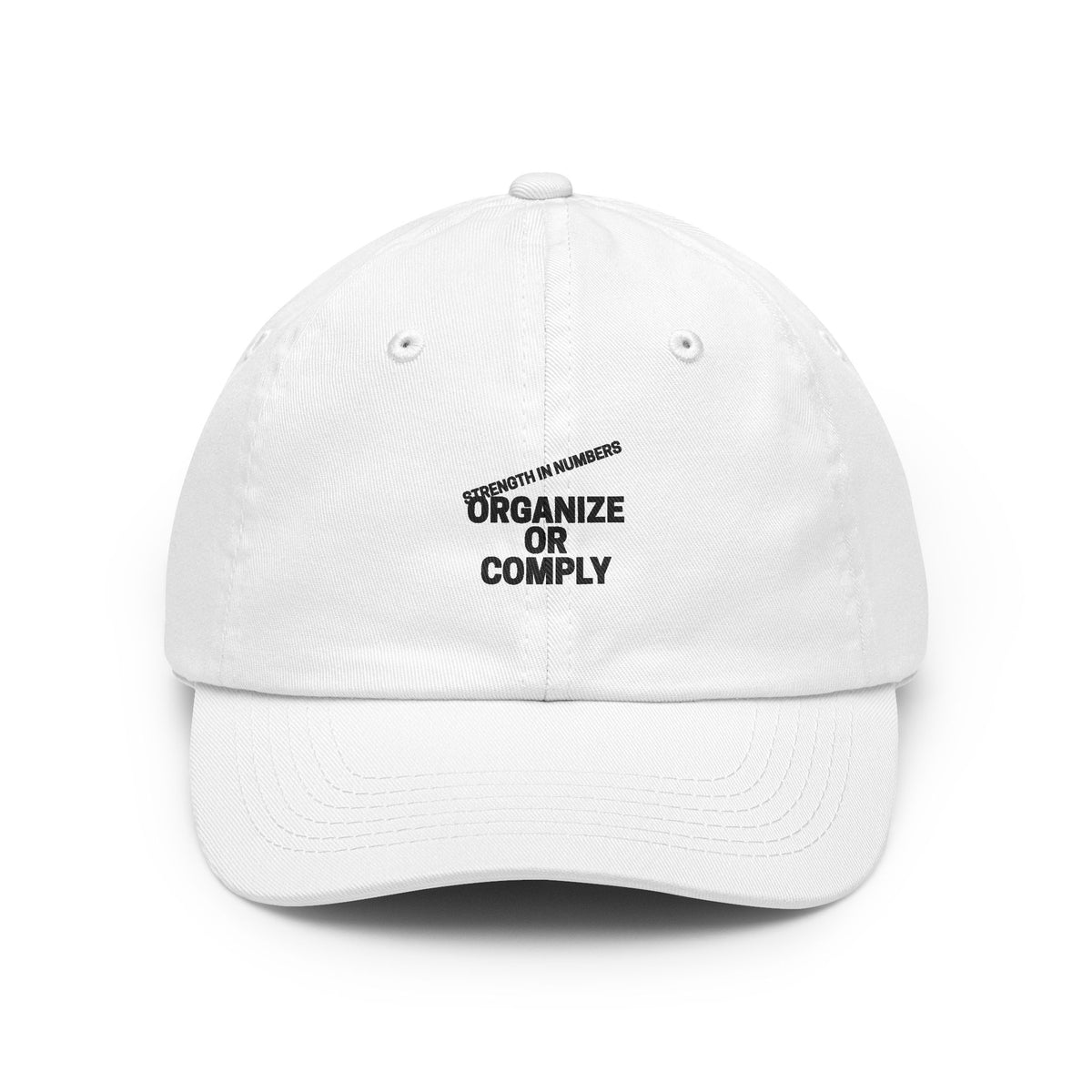 Organize or Comply cotton dad hat in stone and white, Strength in Numbers lettering